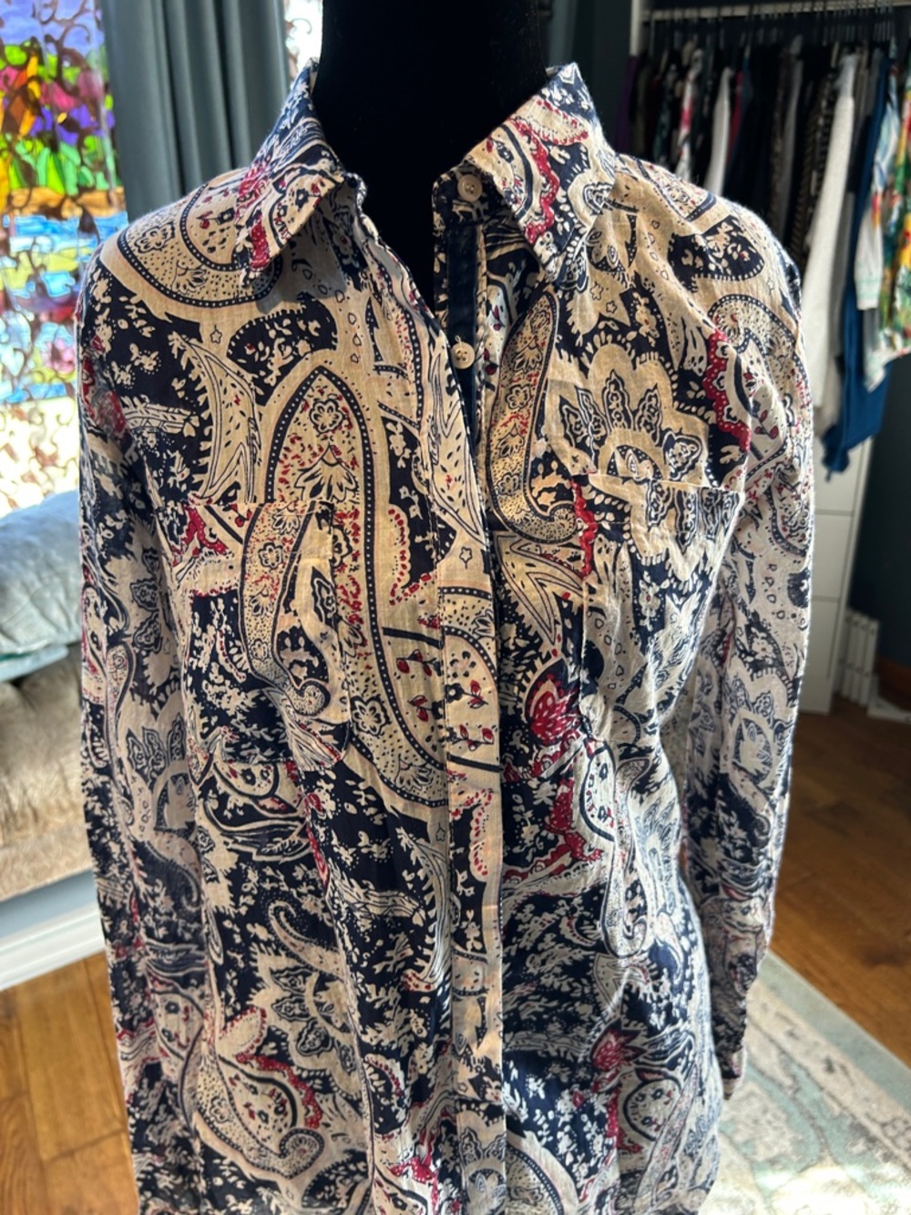 Paisley Button-Down Shirt in Navy, Cream & Red